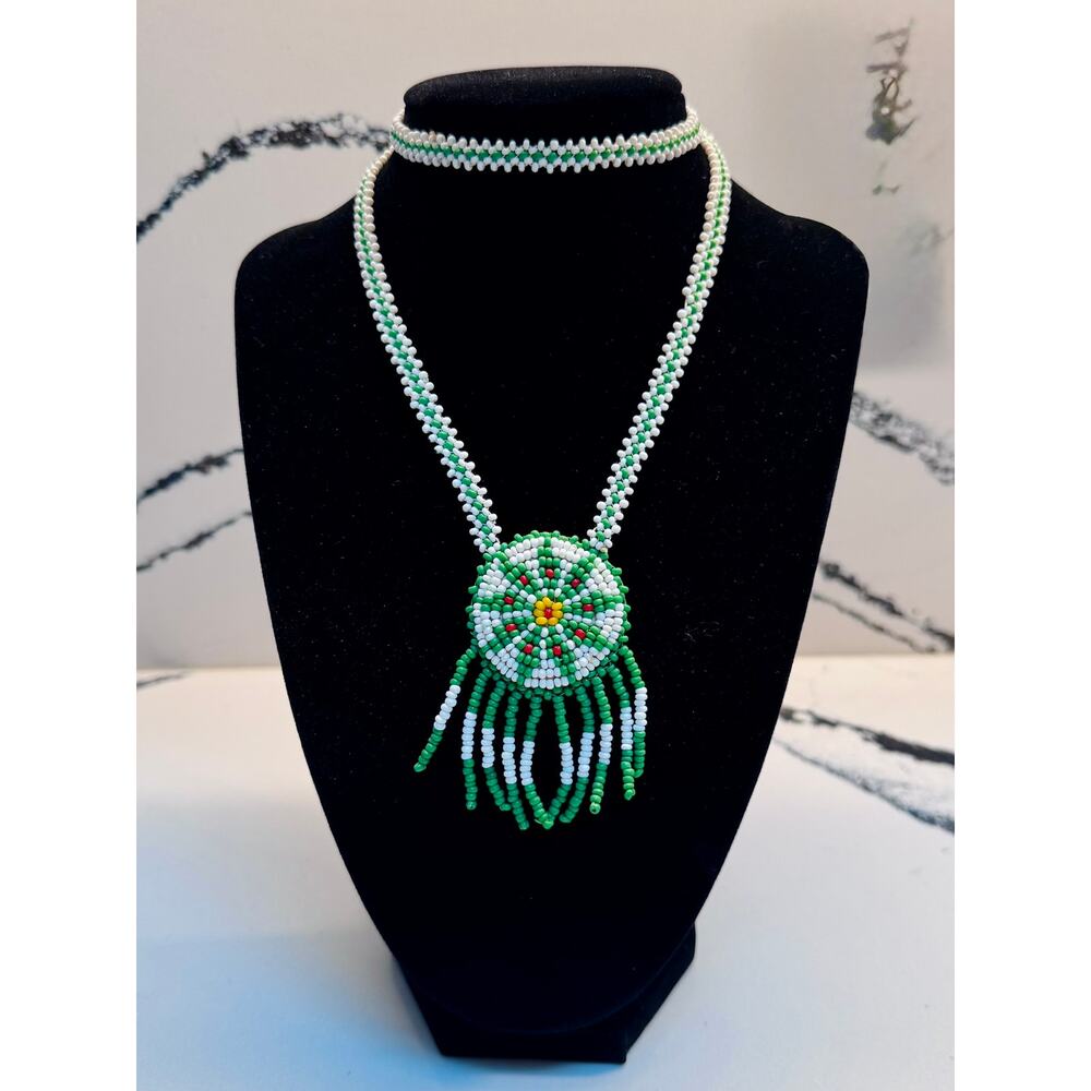Beaded Necklace Pendant Green White Floral Medallion Fringe Handmade Taiwan